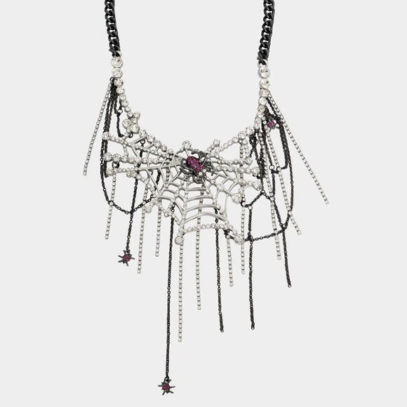 NWT$128 Betsey Johnson Rich Witch Spider Web Bib Necklace Sparkly Halloween Slvr - Picture 1 of 7